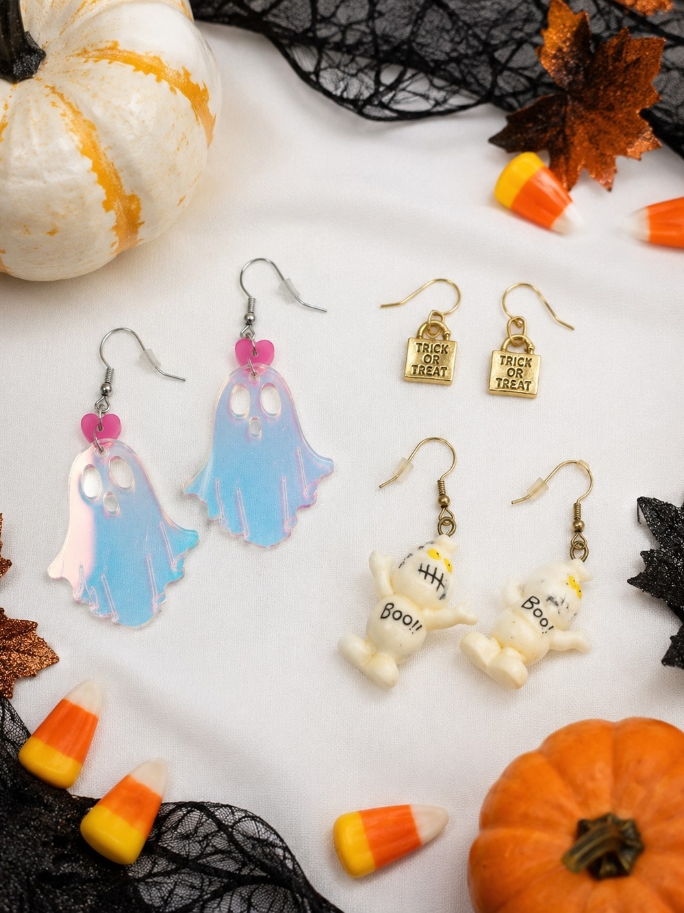 Holloween Lot Ghost Dangle Earrings, Trick Or Treat Earrings, And Ghost